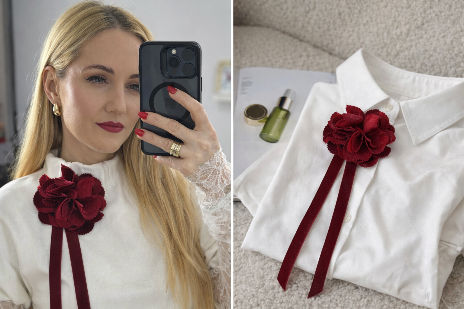 Accesoriu broșă floare din catifea roșie