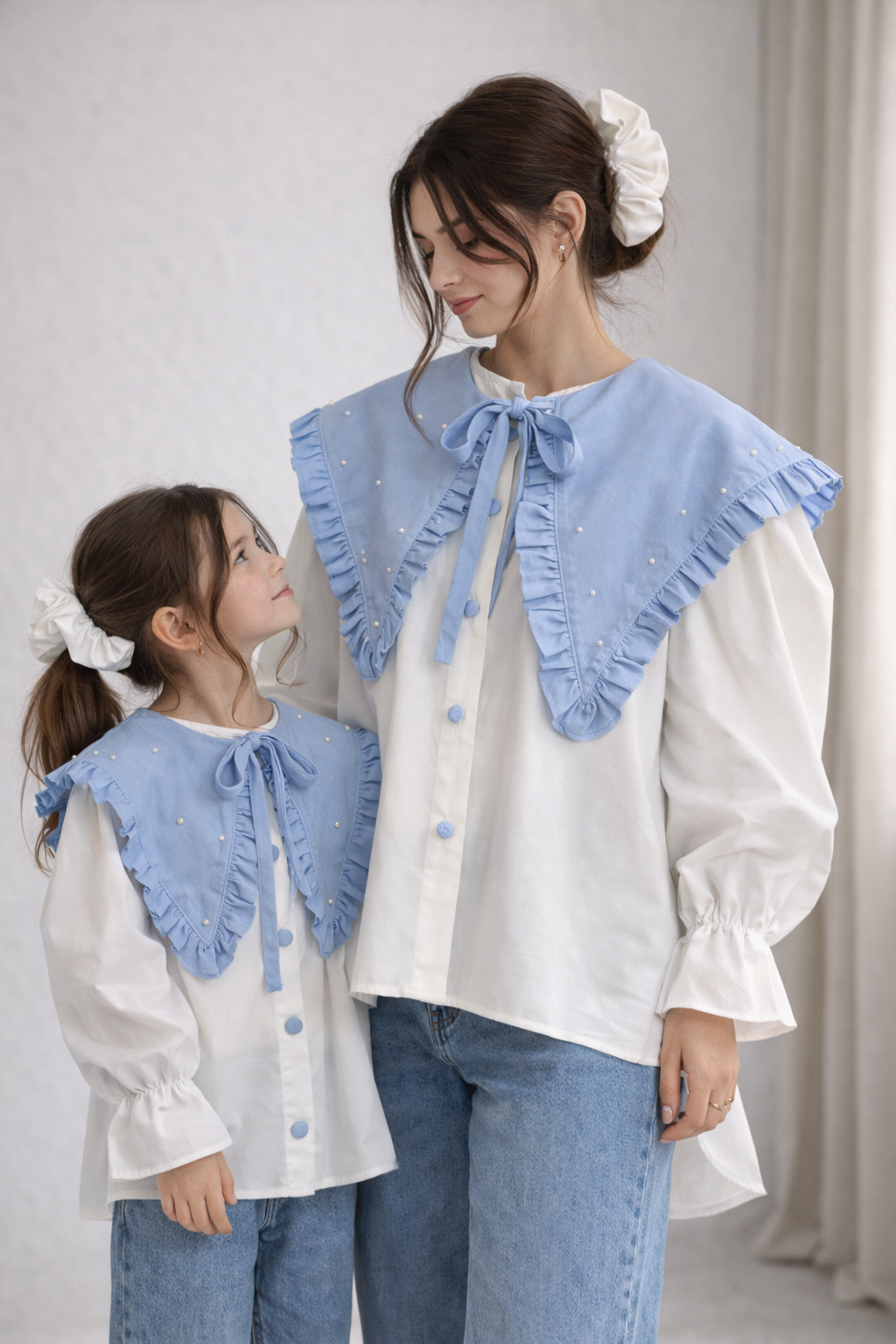 Set cămăși din bumbac mama-fiica cu guleraș oversize