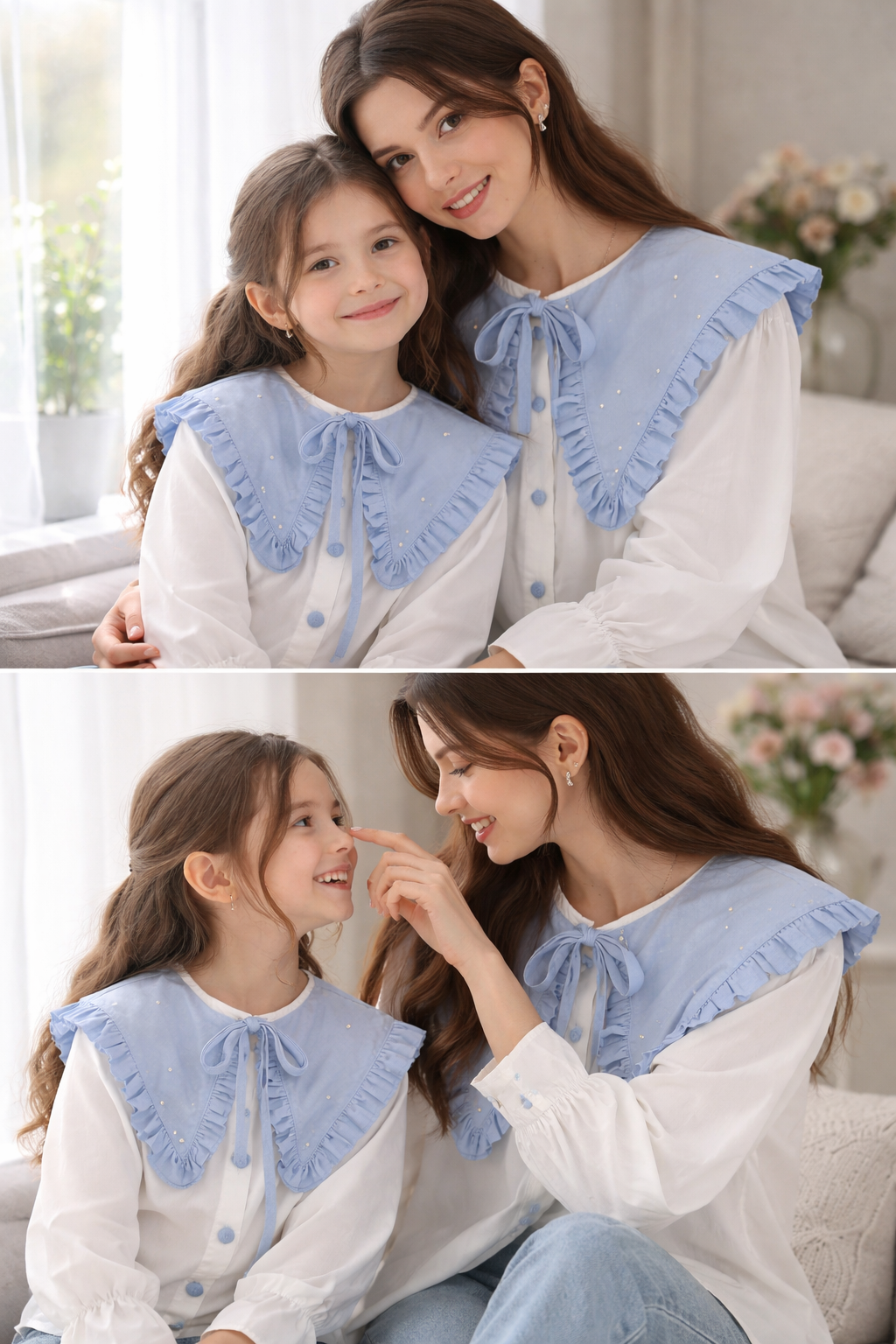 Set cămăși din bumbac mama-fiica cu guleraș oversize