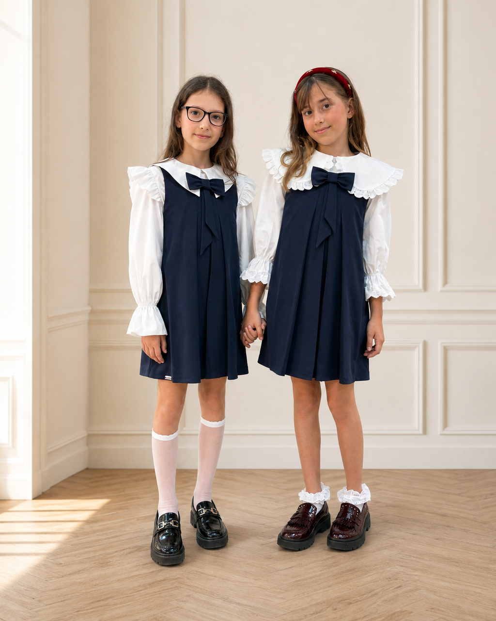 Set școlar cămașă albă din bumbac + sarafan bleumarin Cu fundita