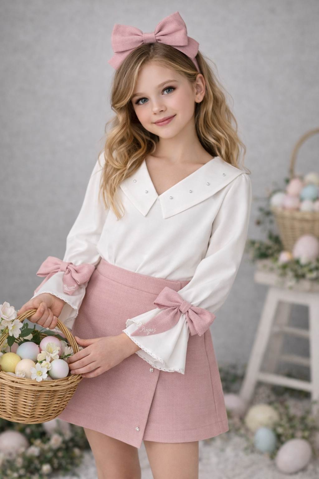 Cămășuță alba din bumbac cu guler in “V” decorat cu perlute