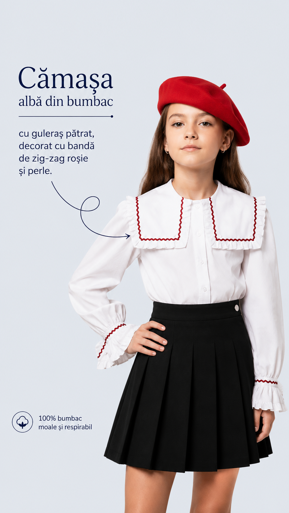 Cămașa premium din bumbac cu guler pătrat decorat cu banda de zig-zag roșie si perle