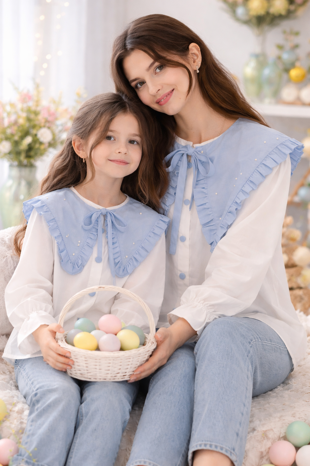 Set cămăși din bumbac mama-fiica cu guleraș oversize