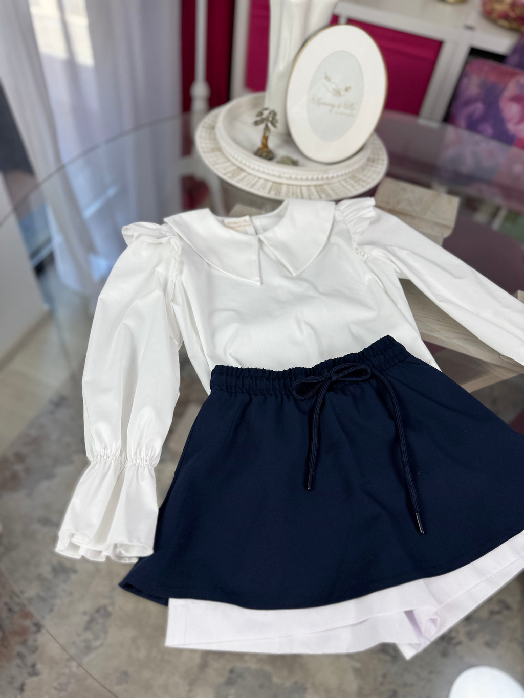 Fustă pentru fete cu talie elastică și șnur – bleumarin / negru