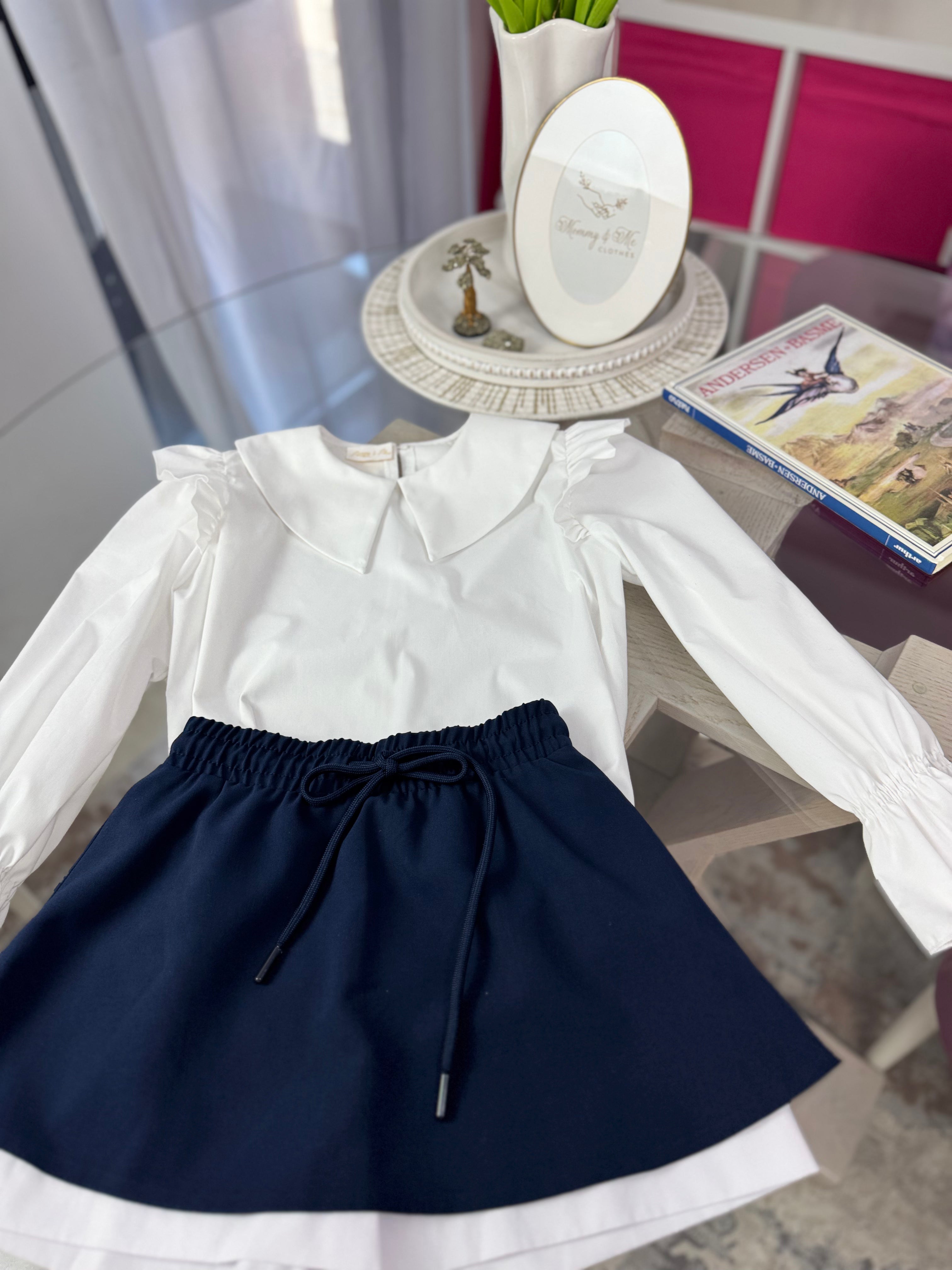 Fustă pentru fete cu talie elastică și șnur – bleumarin / negru