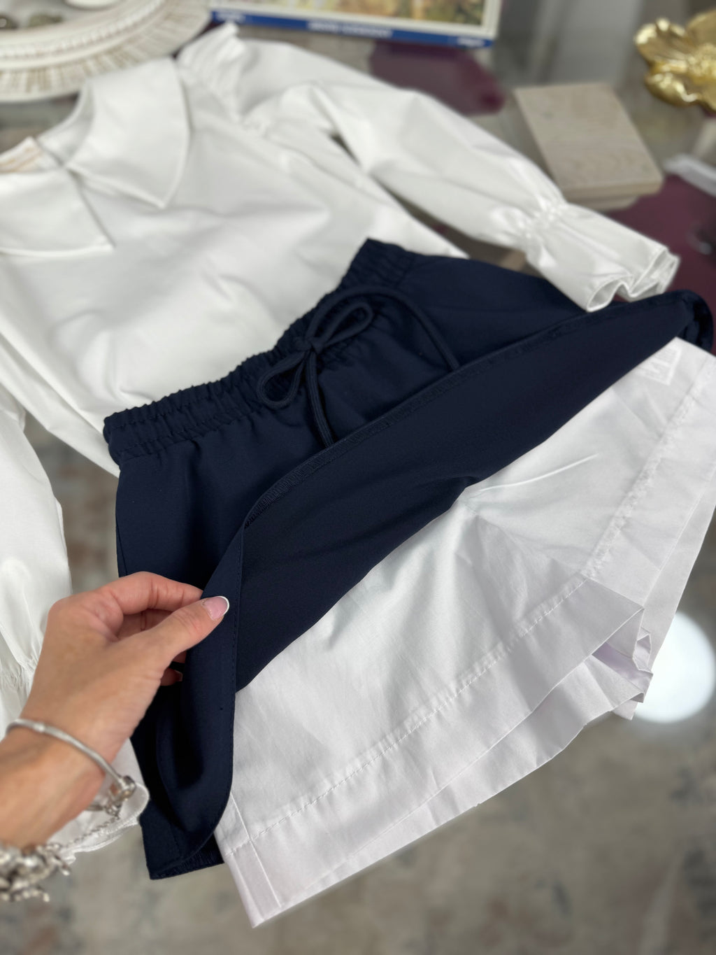 Fustă pentru fete cu talie elastică și șnur – bleumarin / negru