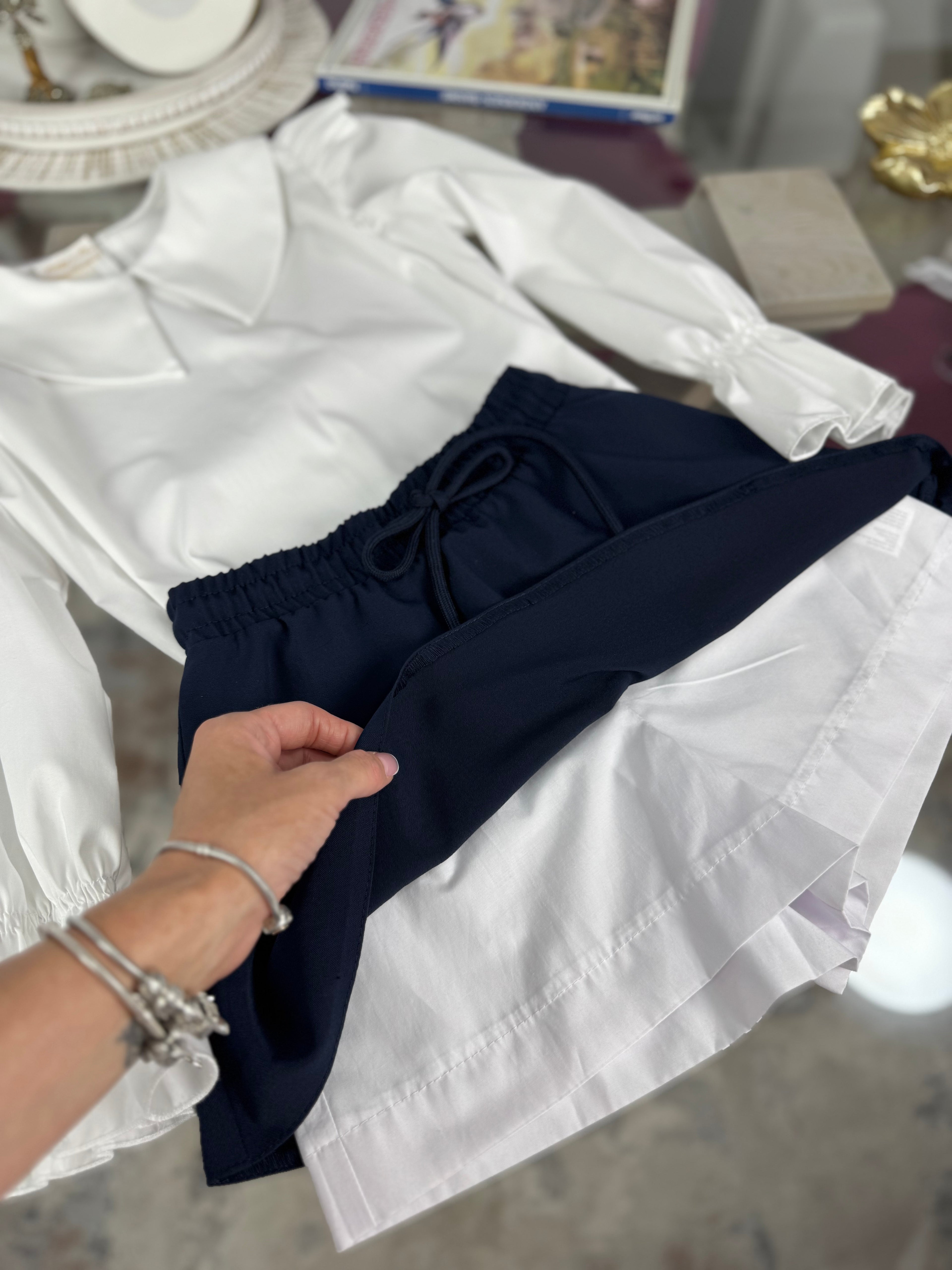 Fustă pentru fete cu talie elastică și șnur – bleumarin / negru