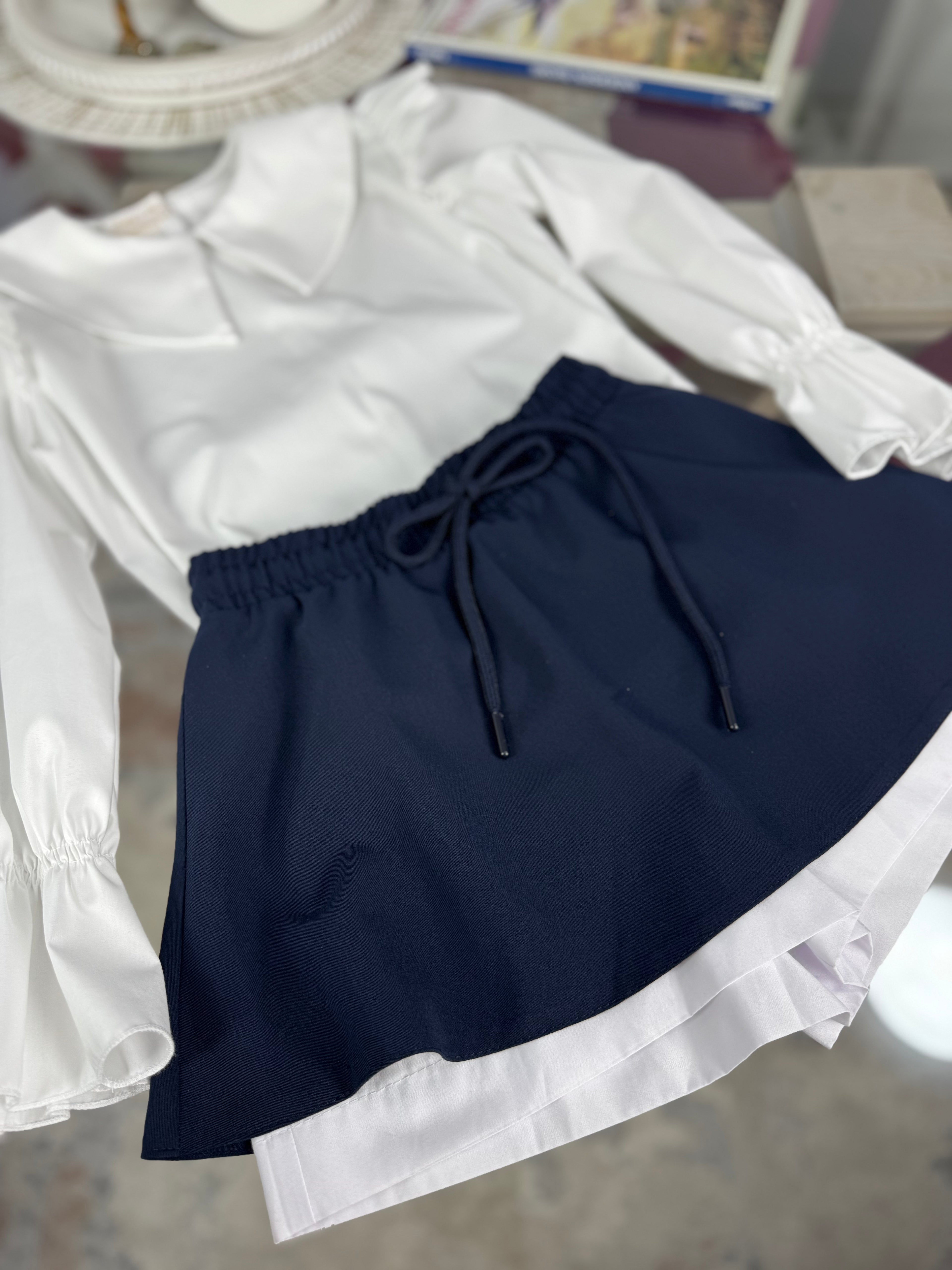 Fustă pentru fete cu talie elastică și șnur – bleumarin / negru