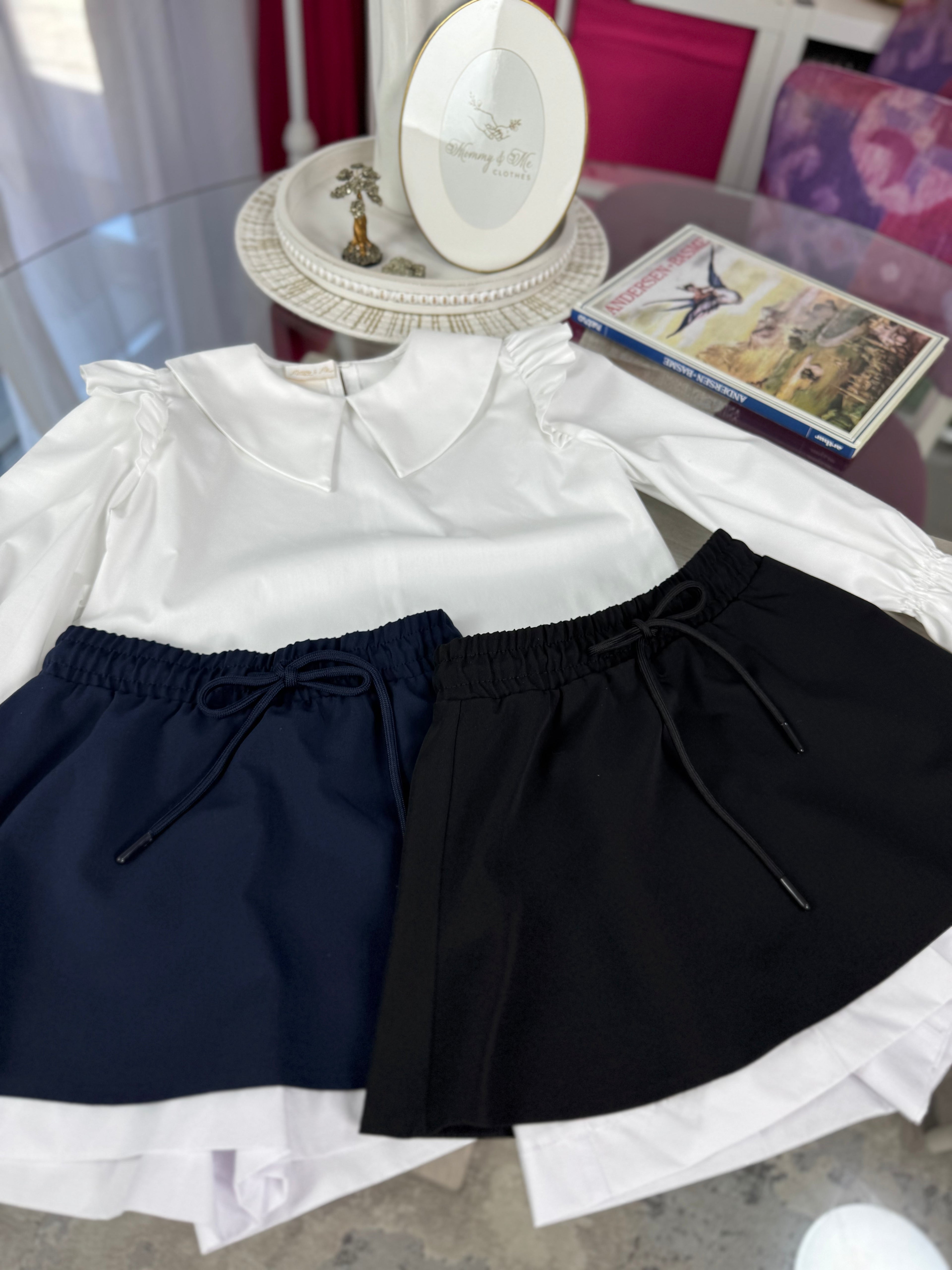 Fustă pentru fete cu talie elastică și șnur – bleumarin / negru