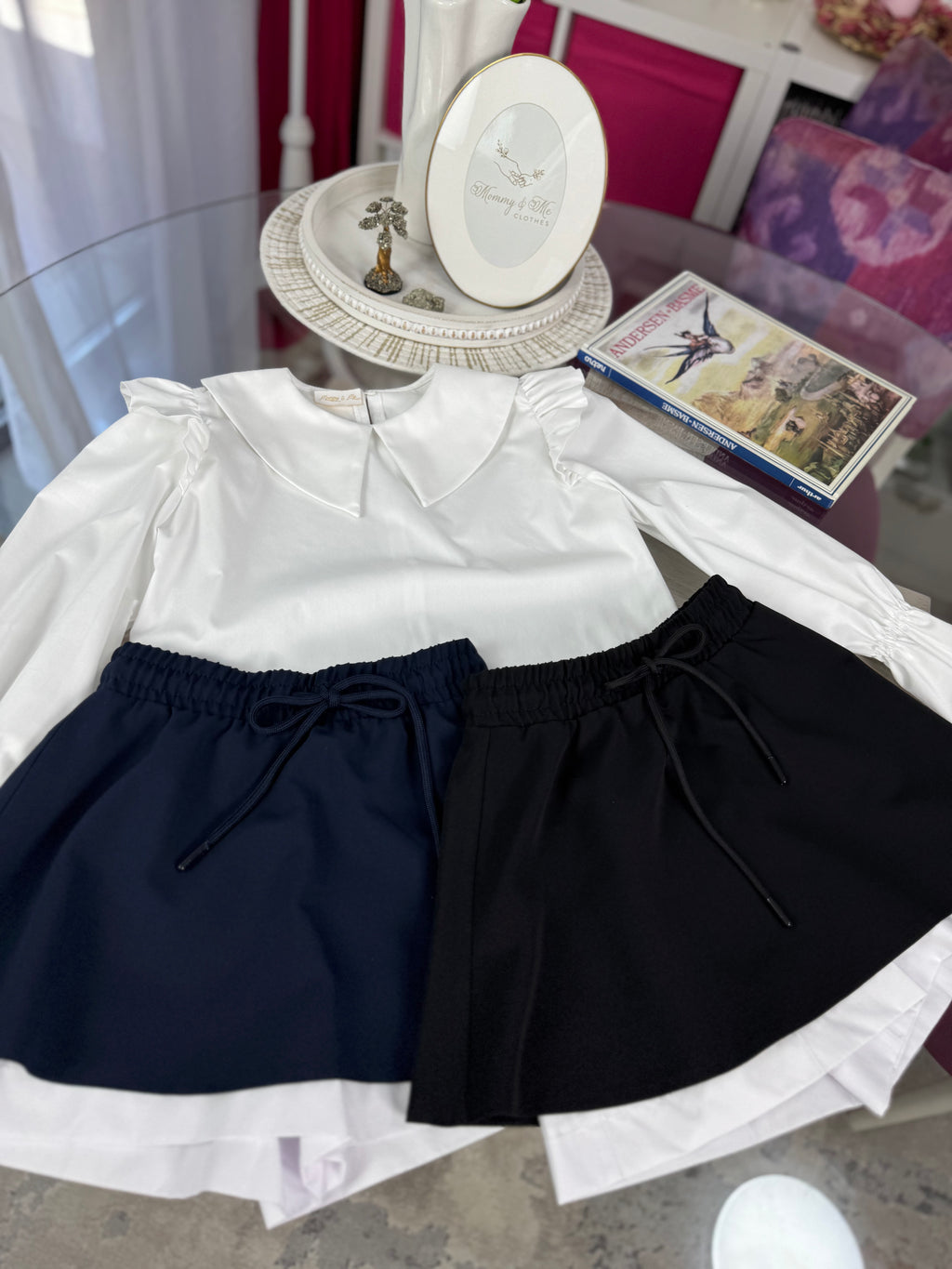 Fustă pentru fete cu talie elastică și șnur – bleumarin / negru