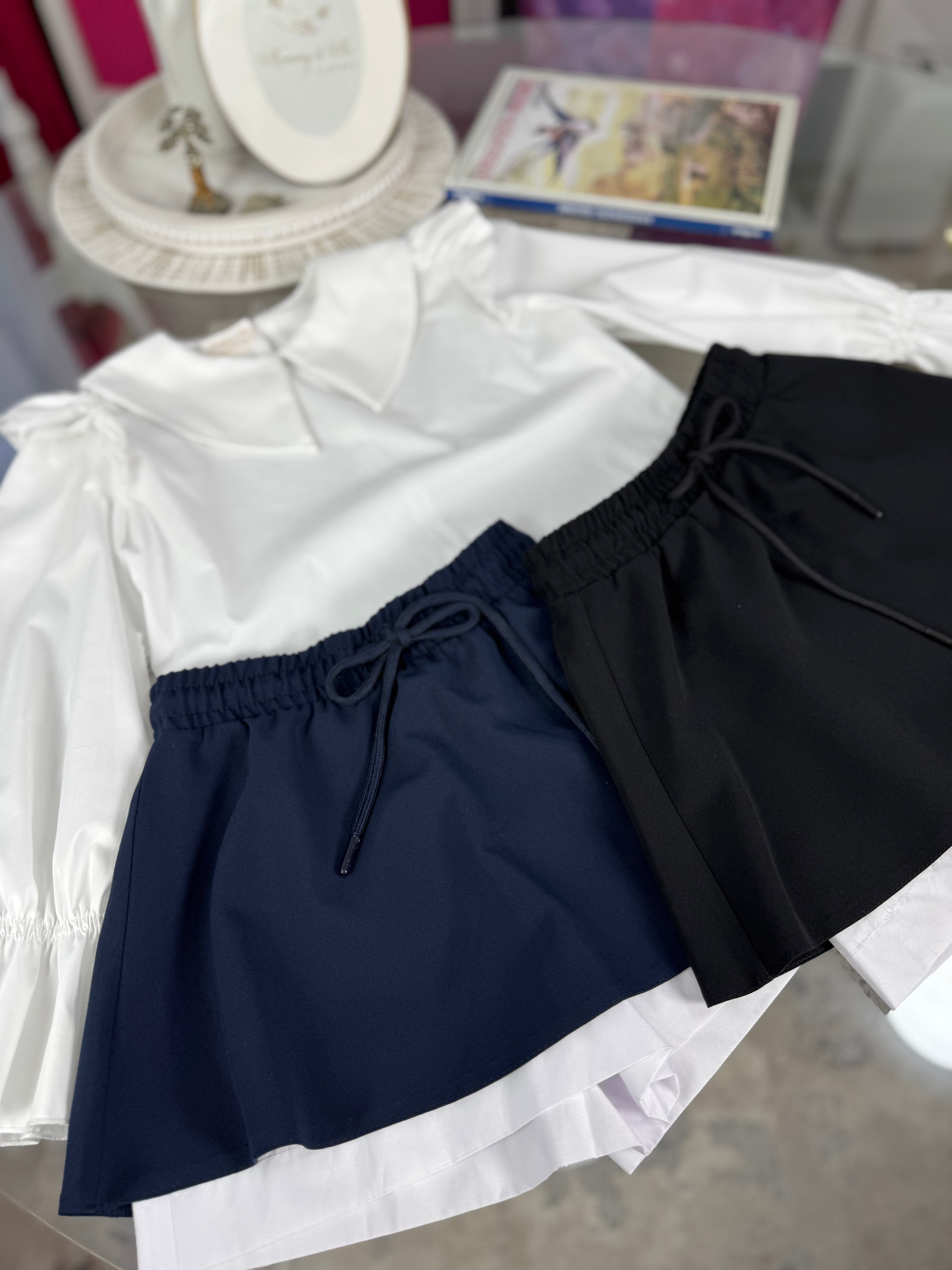 Fustă pentru fete cu talie elastică și șnur – bleumarin / negru