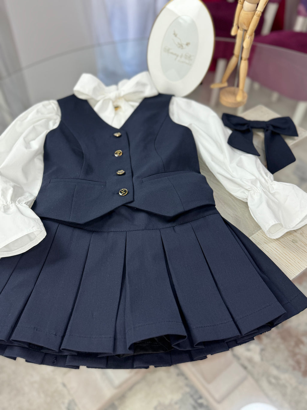 Fustă pantalon bleumarin pentru scoala cu pliuri mari