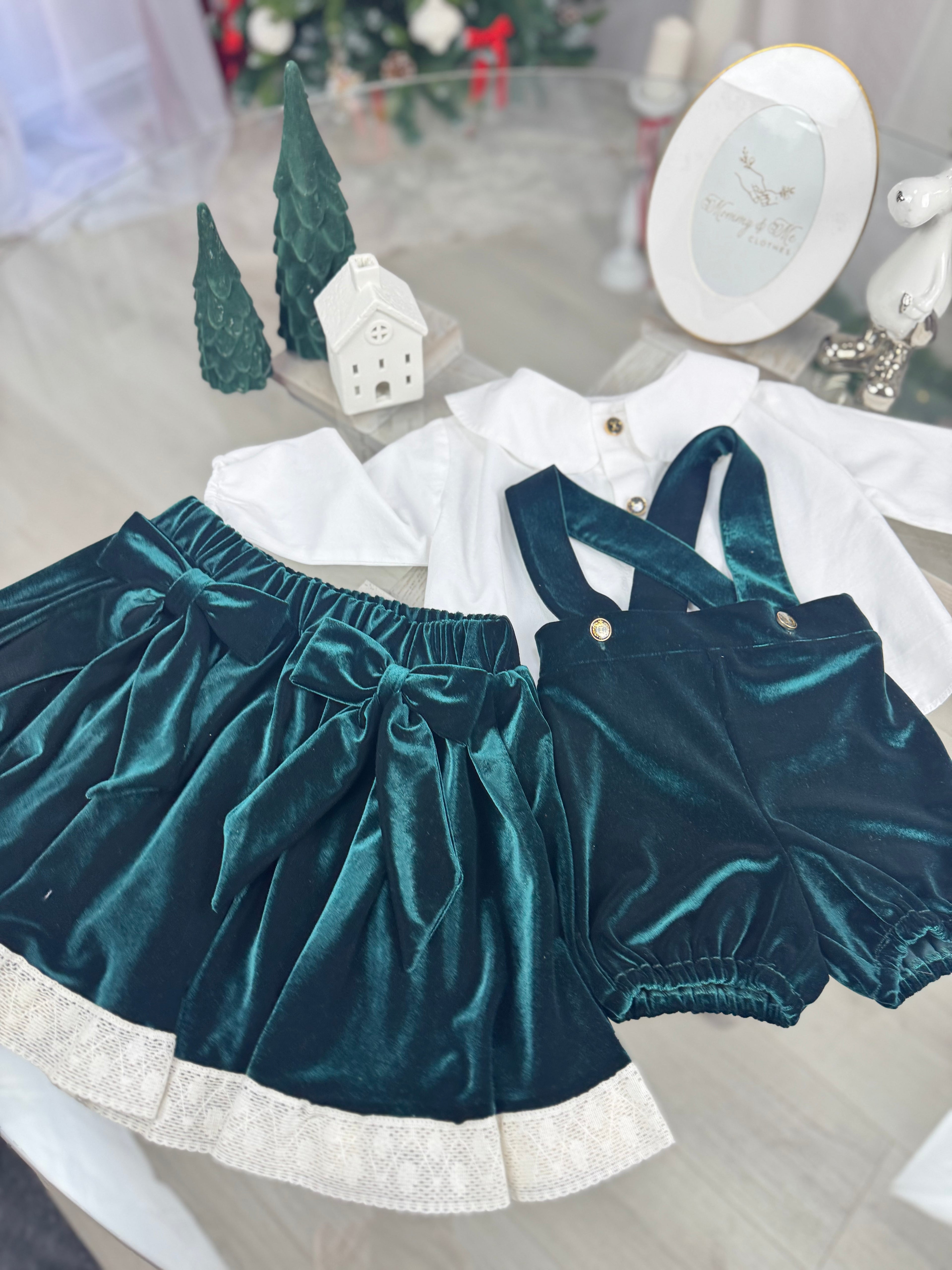 Set din catifea - fusta din catifea cloș si pantalon bufant cu bretele