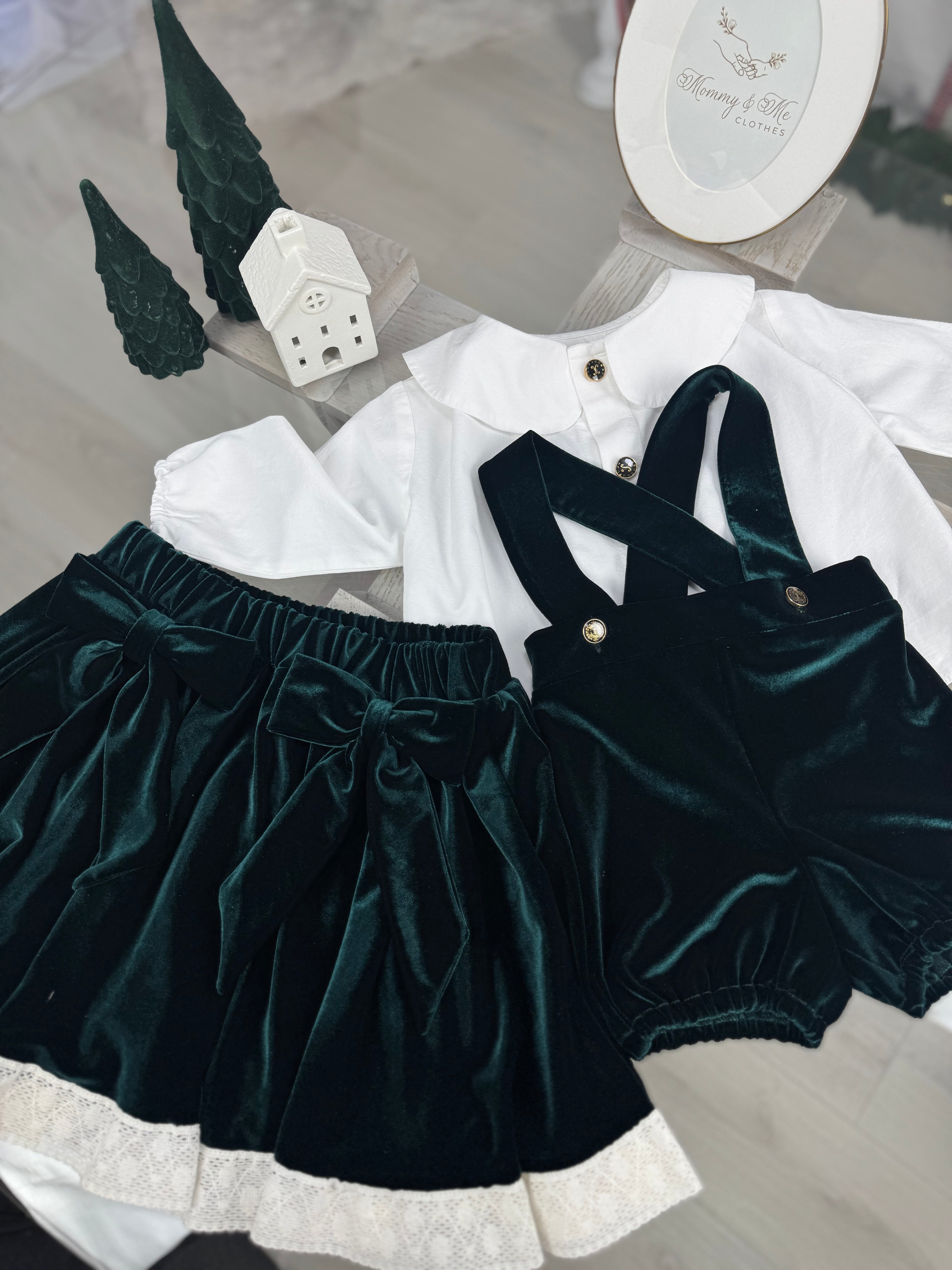 Set din catifea - fusta din catifea cloș si pantalon bufant cu bretele