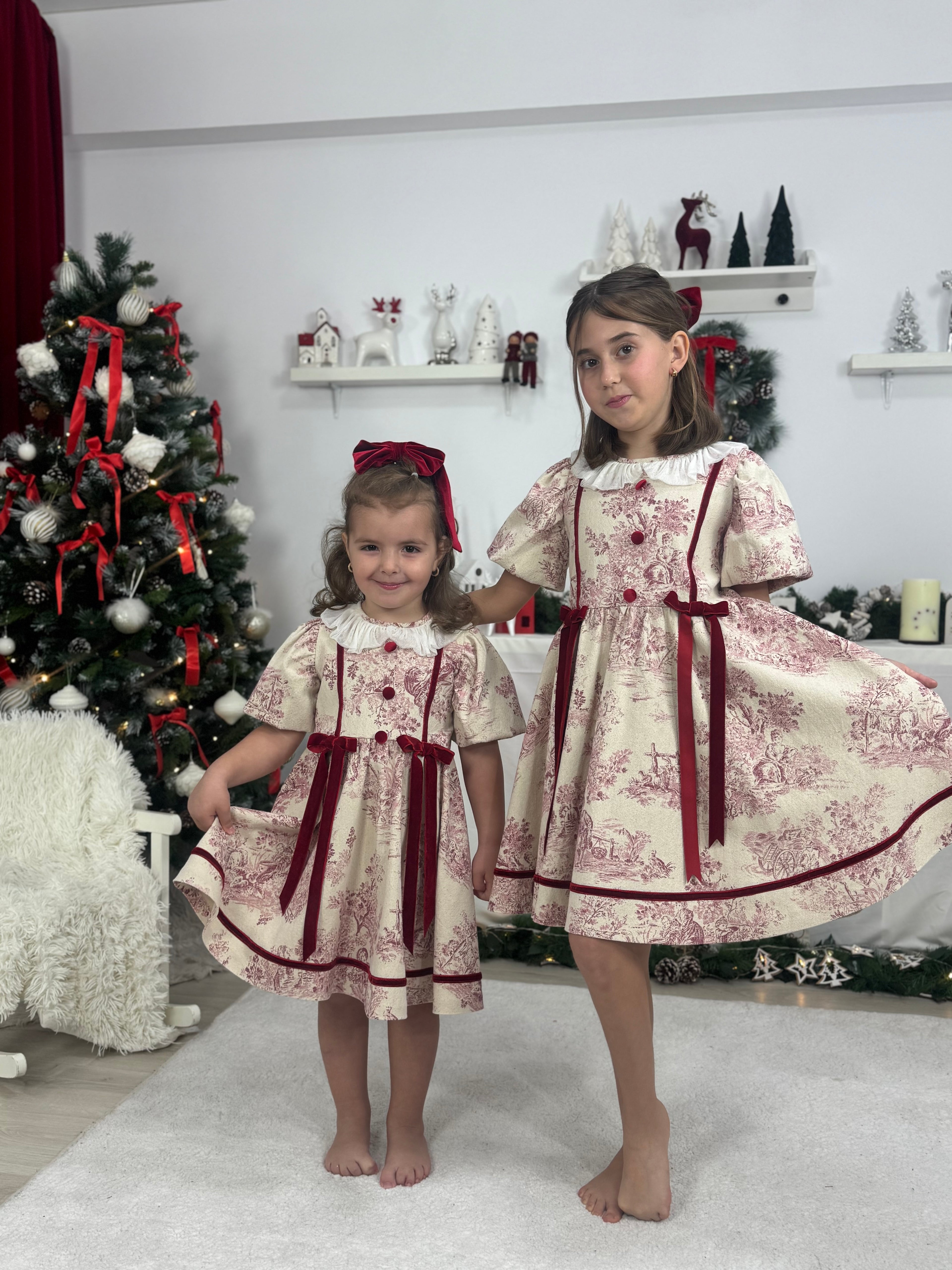 Rochița vintage din brocart imprimat cu fundițe din catifea roșie