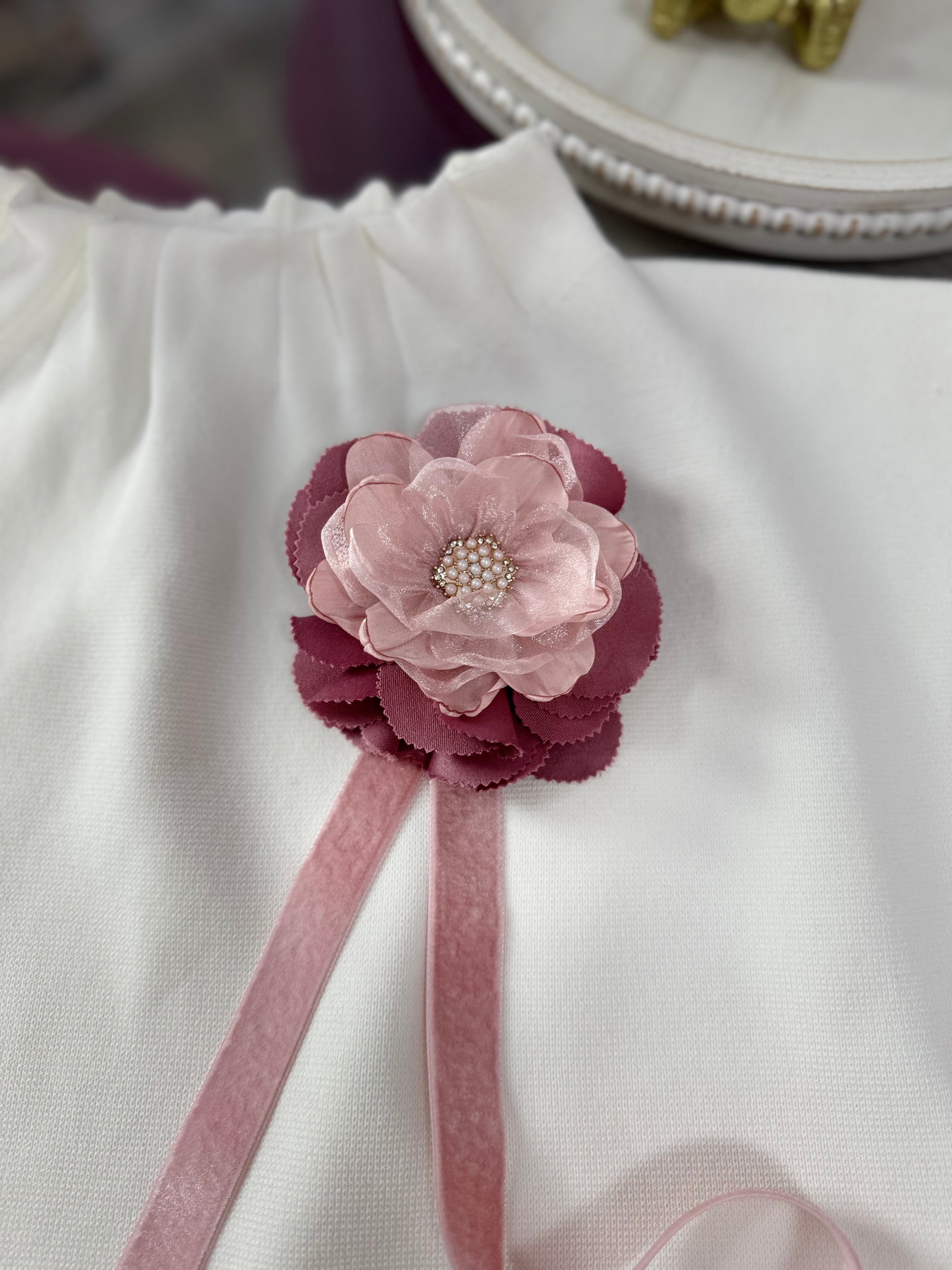 Accesoriu broșă florala romantica cu perle si panglica din catifea