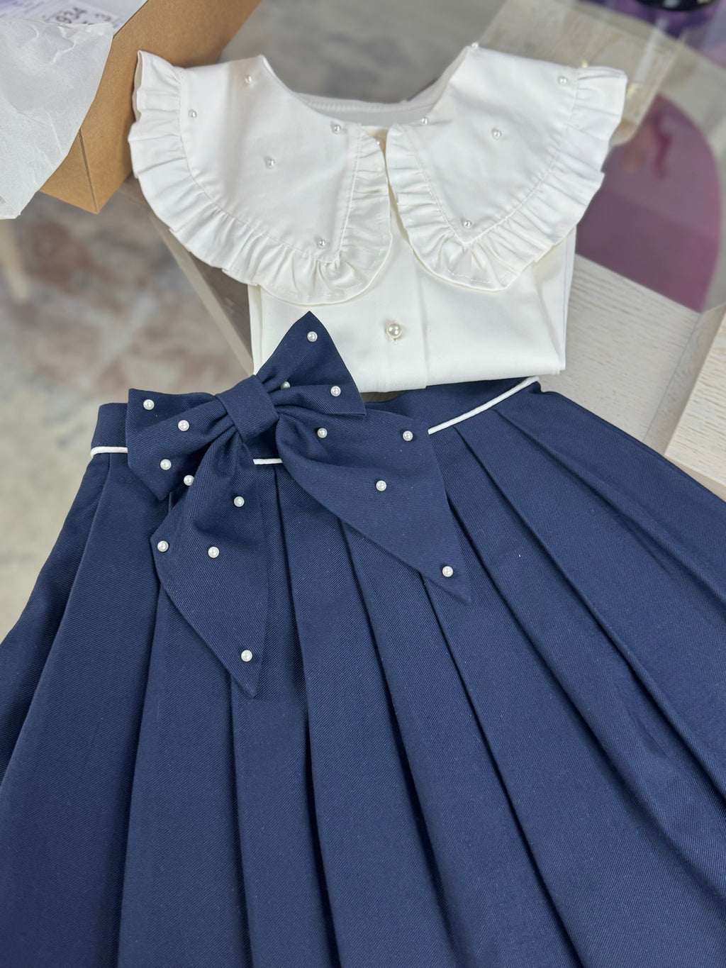 Fustă bleumarin de școală cu cute