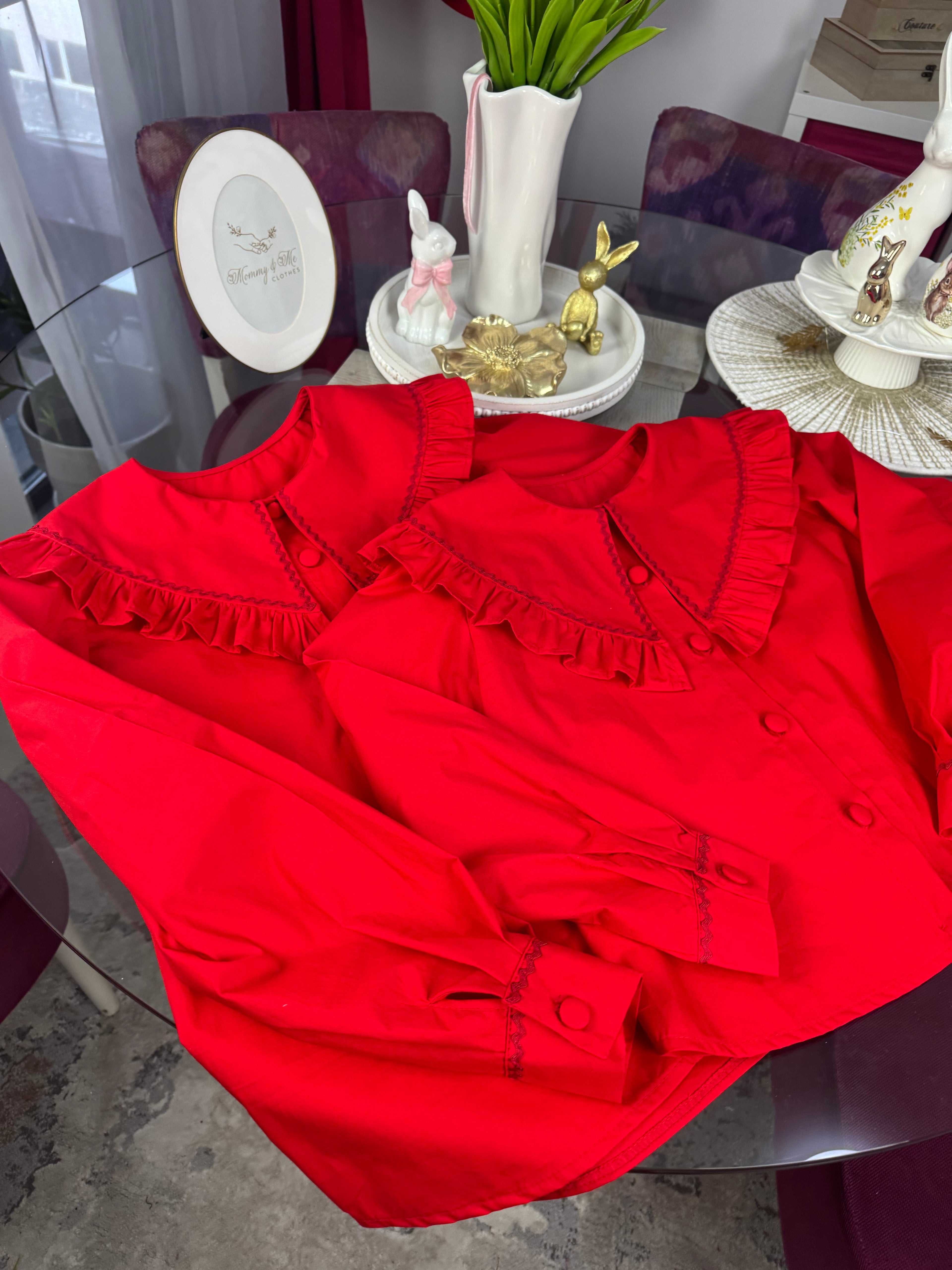 Set cămăși mamă-fiică roșii din bumbac cu guleraș
