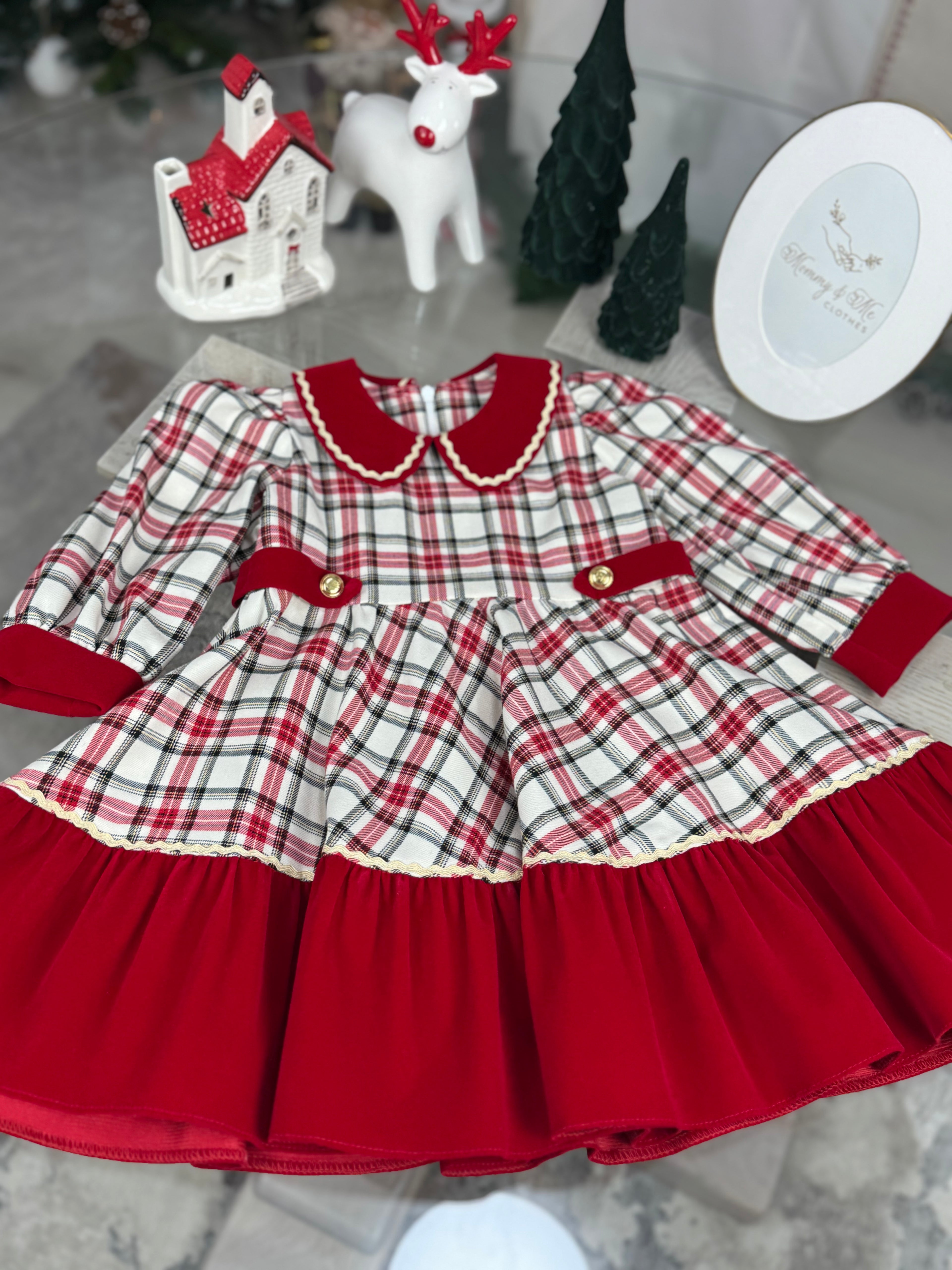 Rochita din tartan roșu cu crem cu detalii din catifea roșie