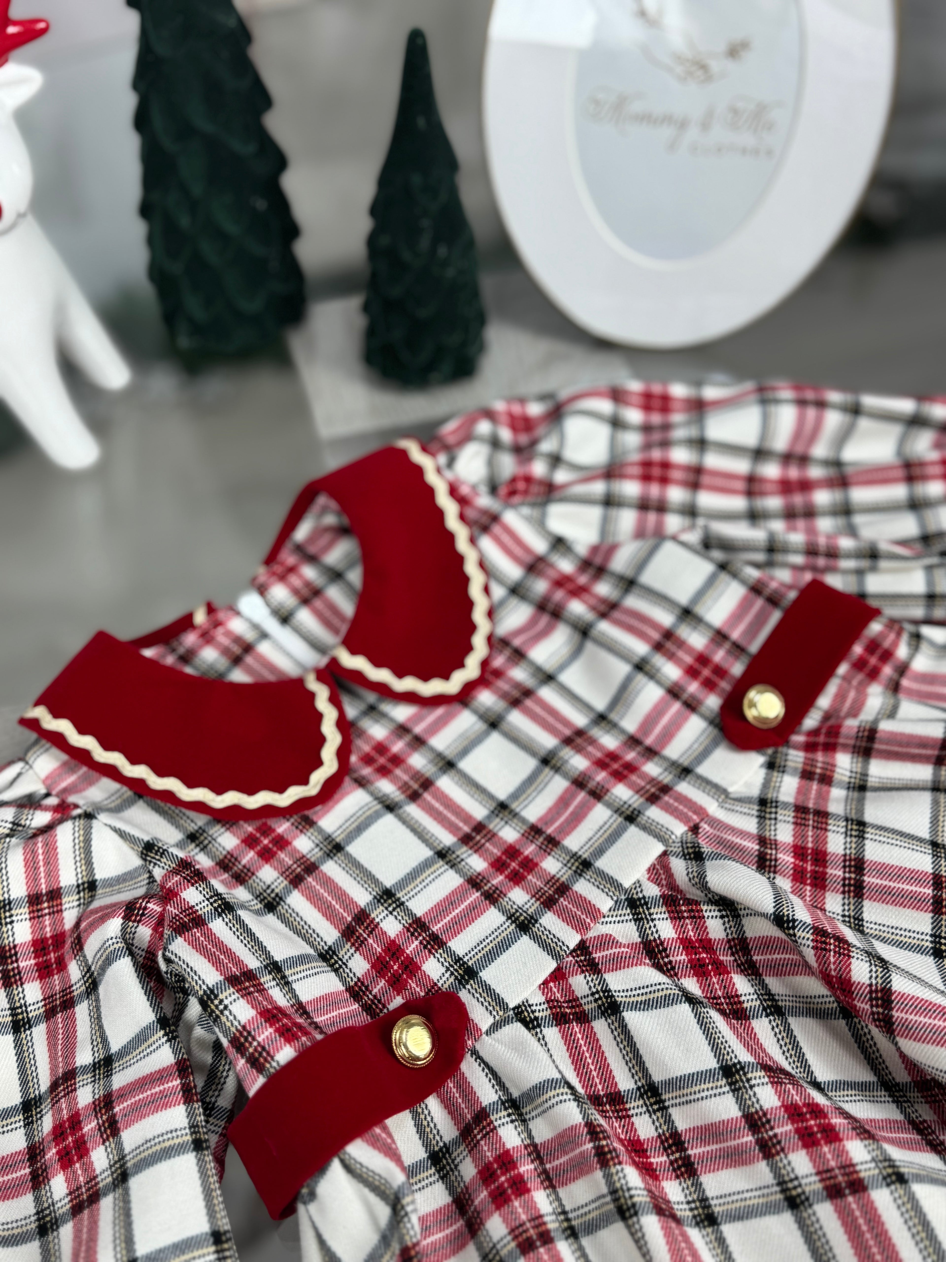 Rochita din tartan roșu cu crem cu detalii din catifea roșie