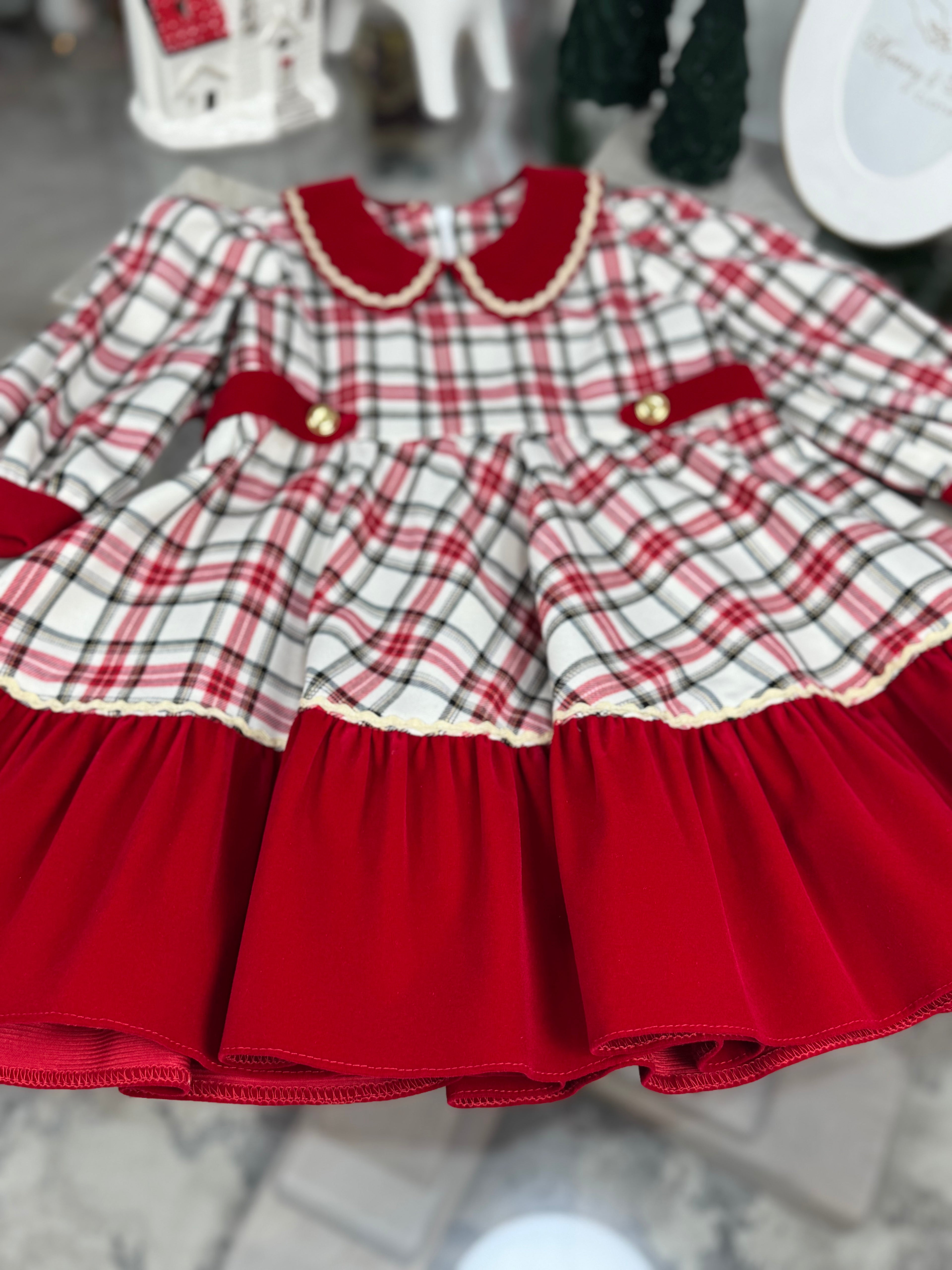 Rochita din tartan roșu cu crem cu detalii din catifea roșie