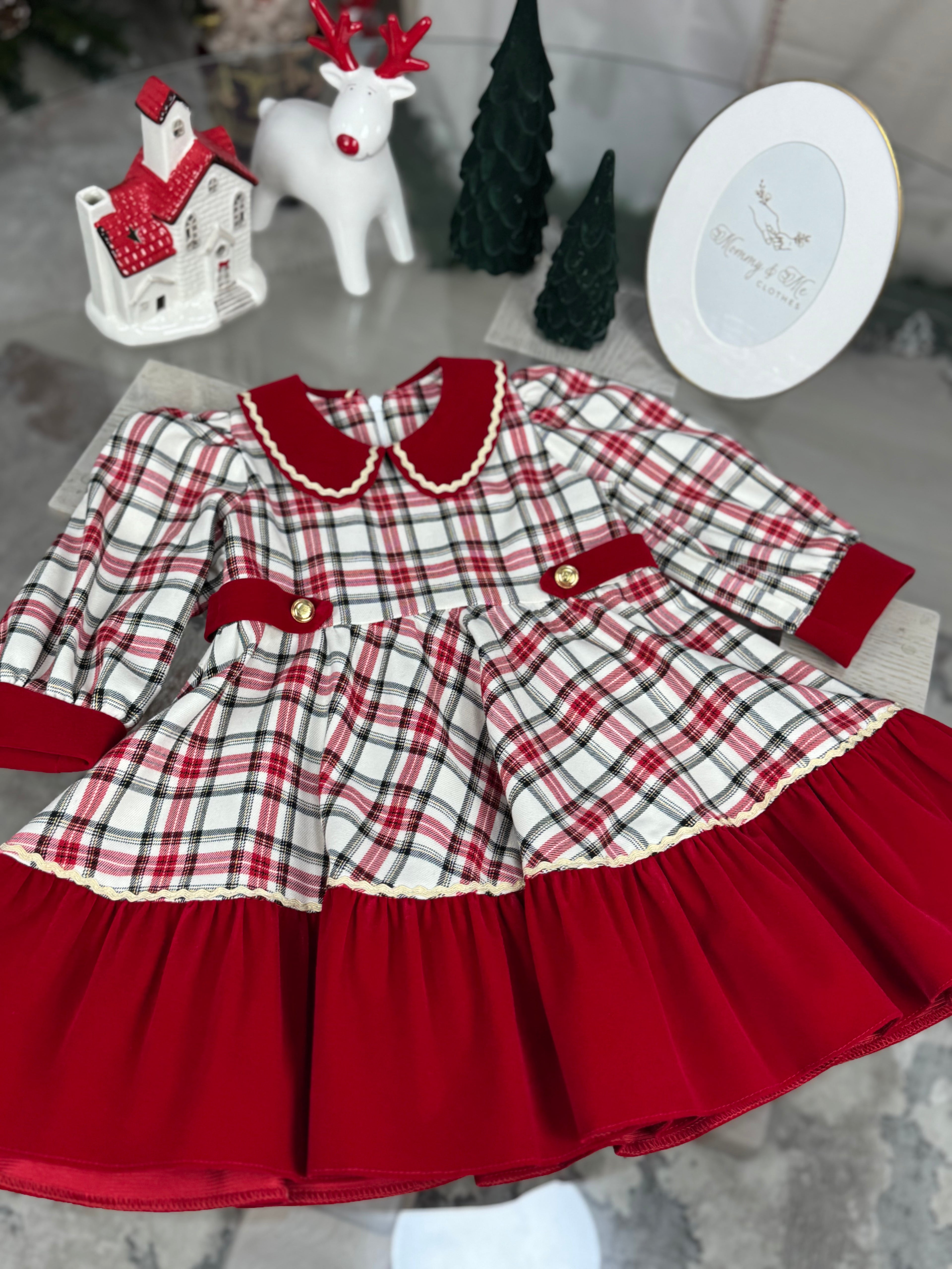 Rochita din tartan roșu cu crem cu detalii din catifea roșie