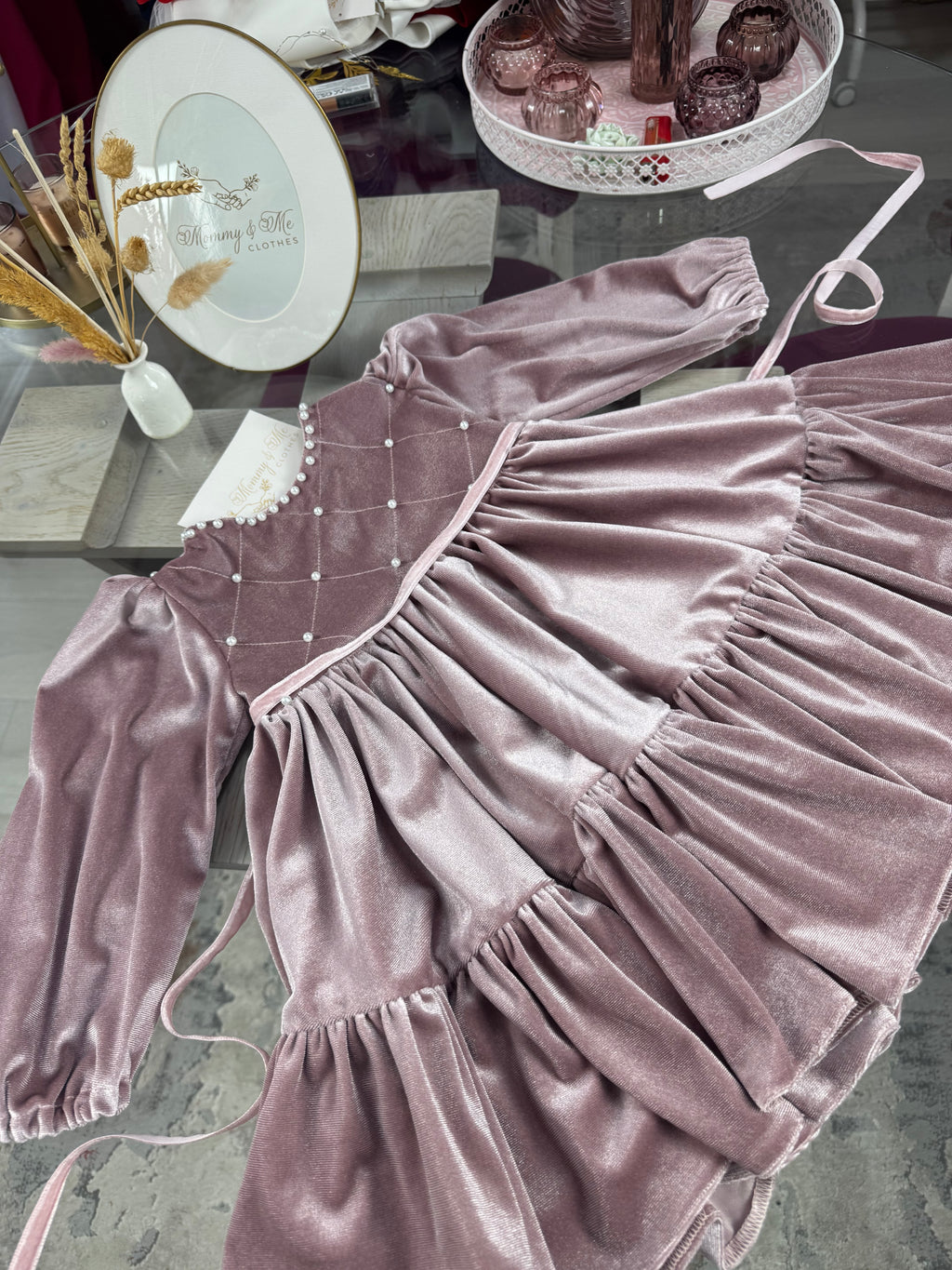 Rochita din catifea roz cu perle “Velvet Pearl Blush”