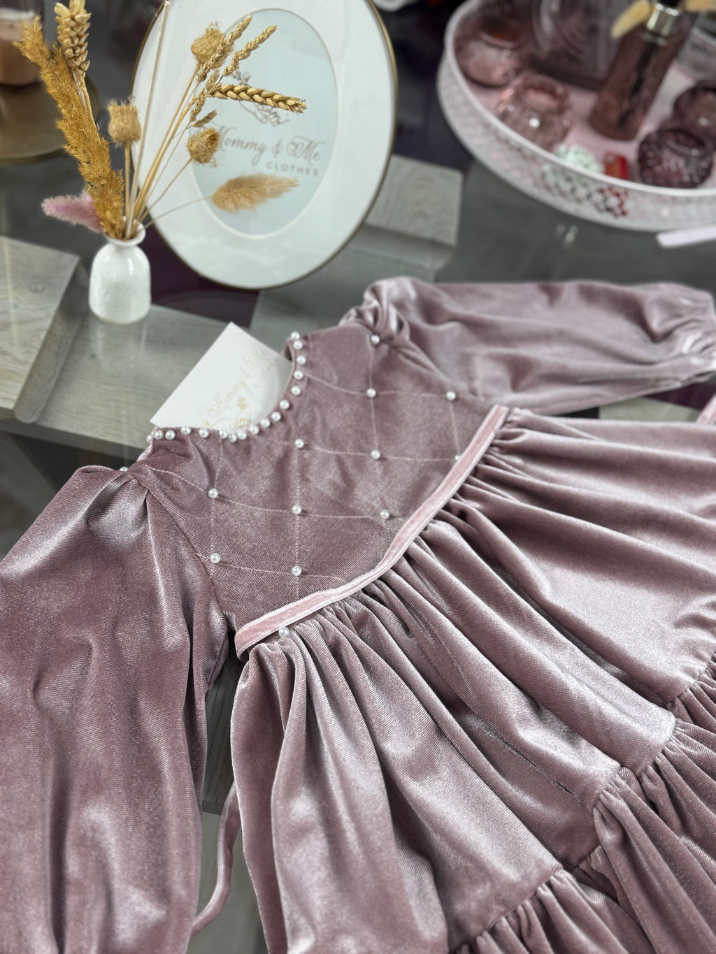 Rochita din catifea roz cu perle “Velvet Pearl Blush”