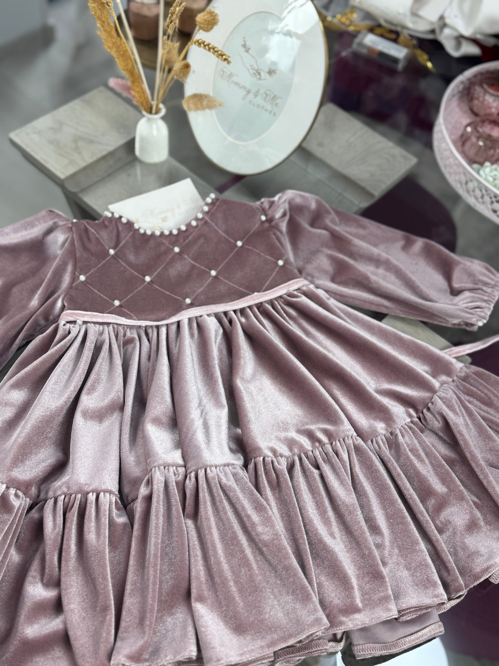 Rochita din catifea roz cu perle “Velvet Pearl Blush”