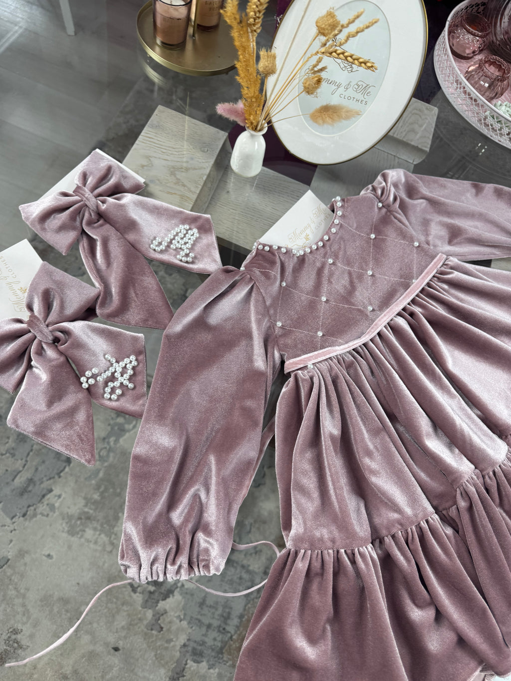 Rochita din catifea roz cu perle “Velvet Pearl Blush”