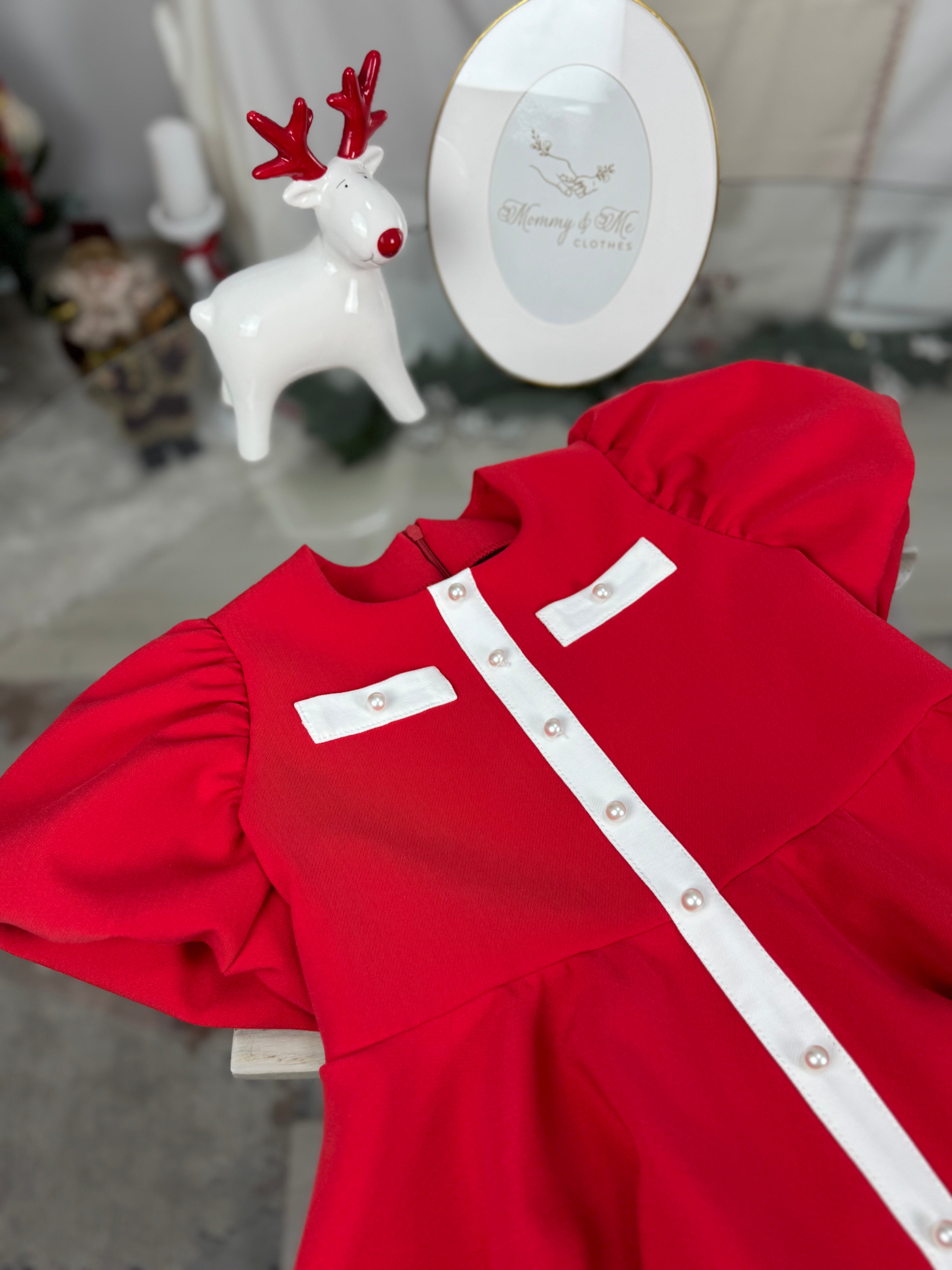 Rochița roșie cu banda alba si năsturei perla decorativi