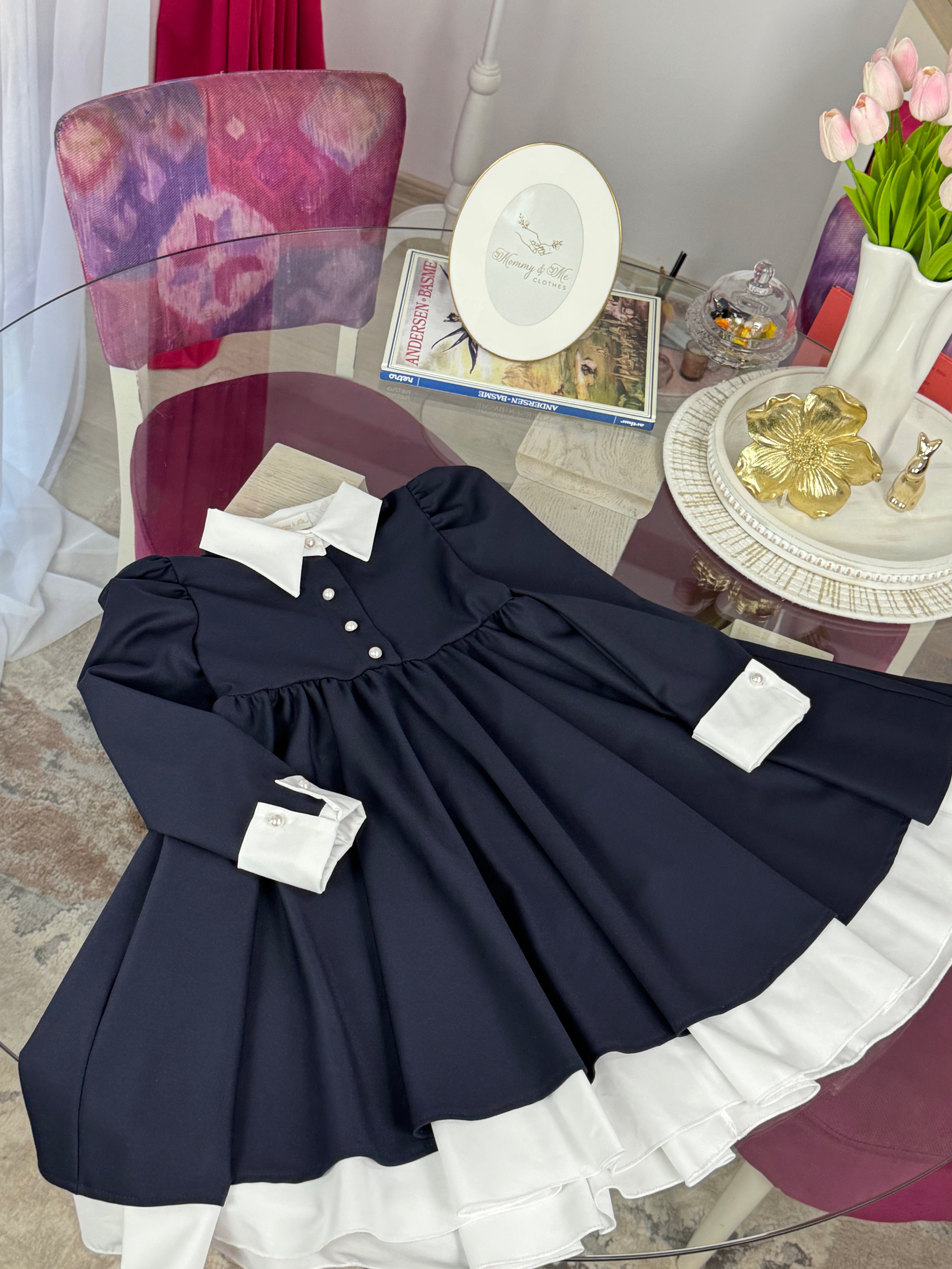 Rochie bleumarin pentru școală Victoria cu guler si manșete albe