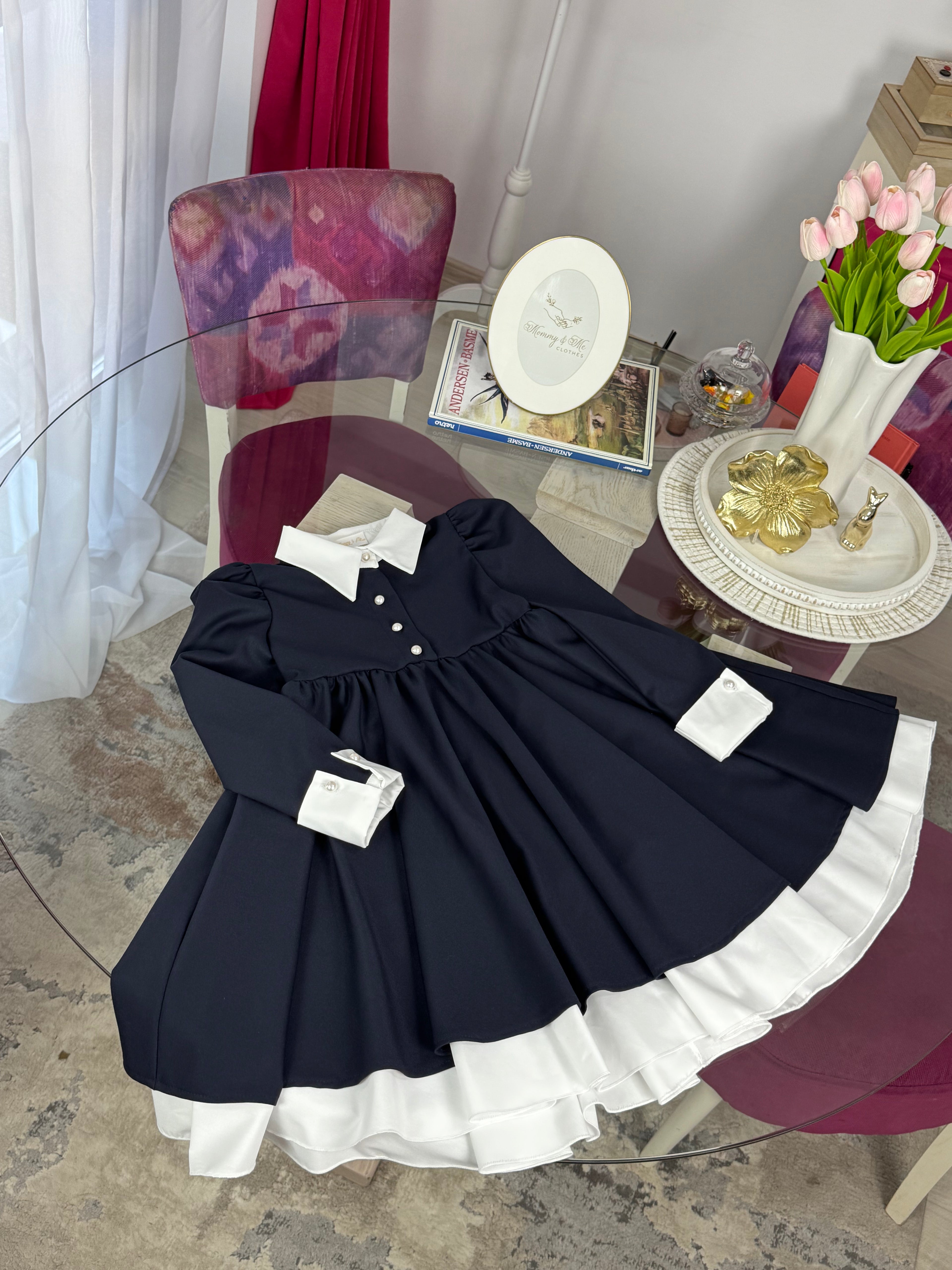 Rochie bleumarin pentru școală Victoria cu guler si manșete albe