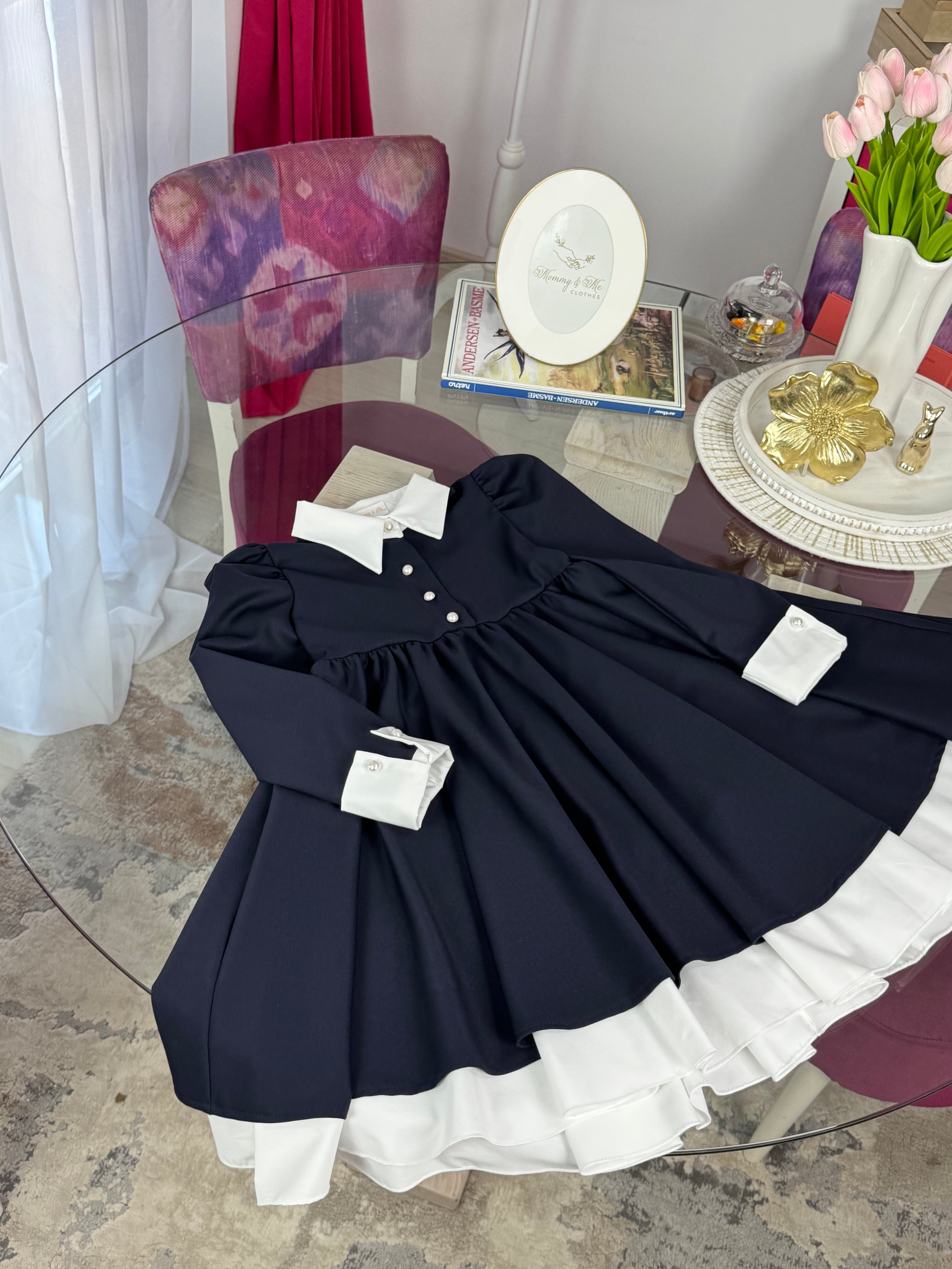 Rochie bleumarin pentru școală Victoria cu guler si manșete albe