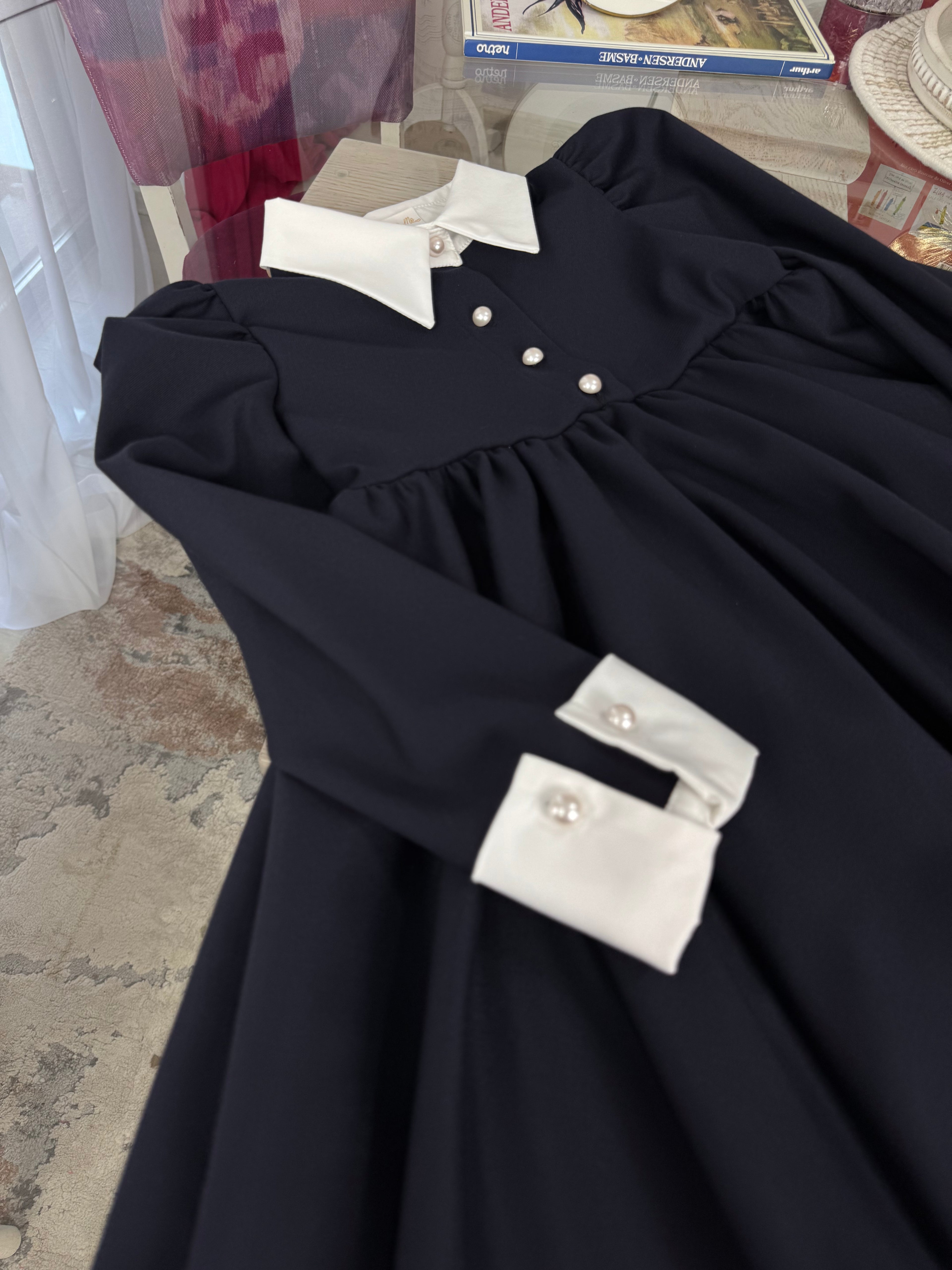 Rochie bleumarin pentru școală Victoria cu guler si manșete albe