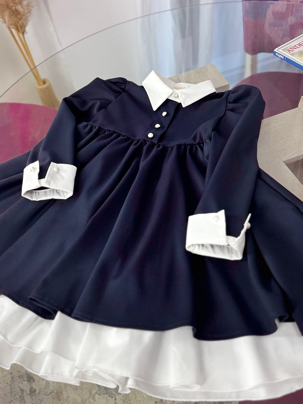 Rochie bleumarin pentru școală Victoria cu guler si manșete albe