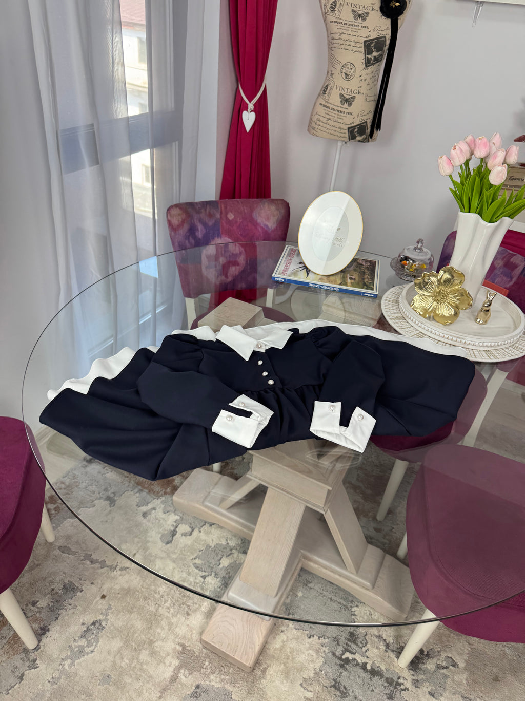 Rochie bleumarin pentru școală Victoria cu guler si manșete albe